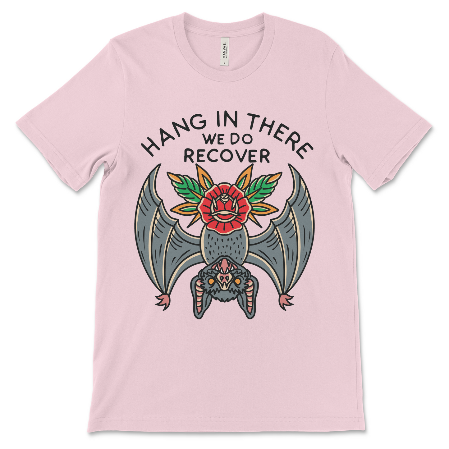 Addiction recovery shirt with Hang in There message, AA sobriety apparel and NA clothing.