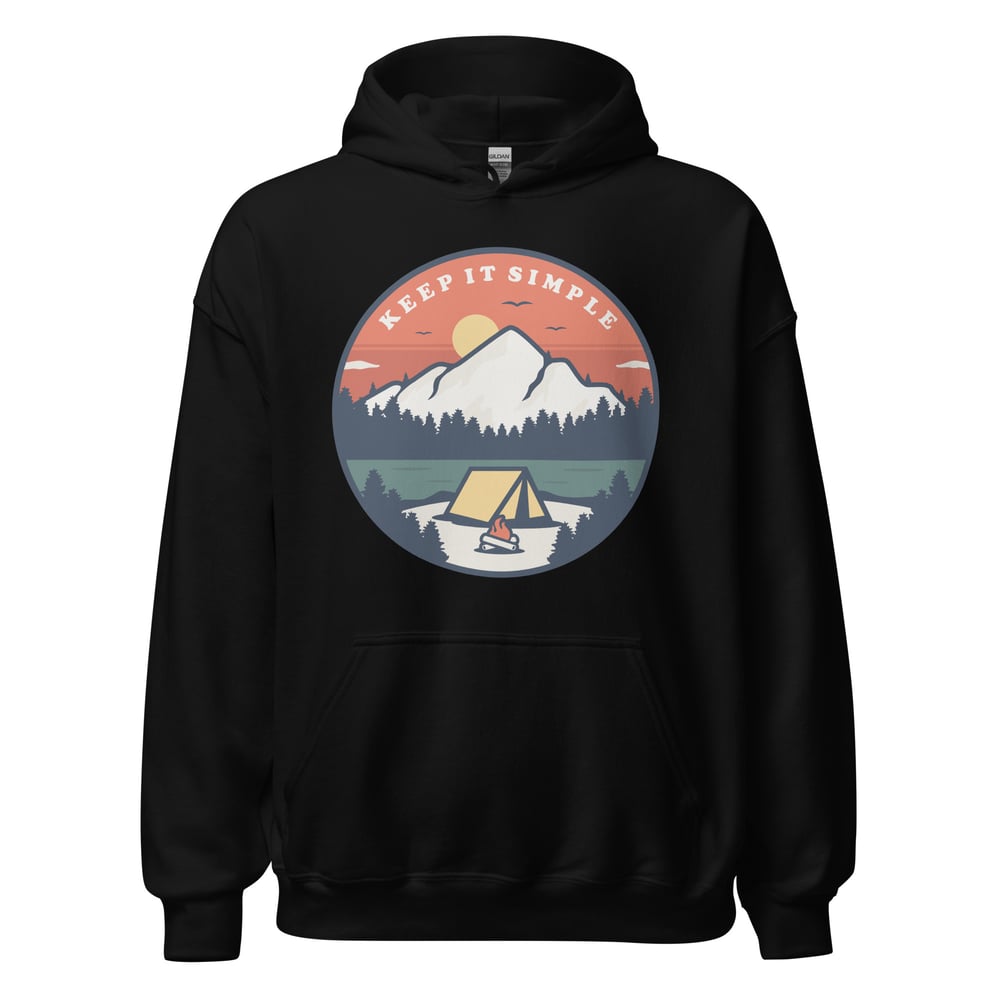 keep it simple hoodie with a tent and mountain design. perfect as a recovery gift or soberversary gift.