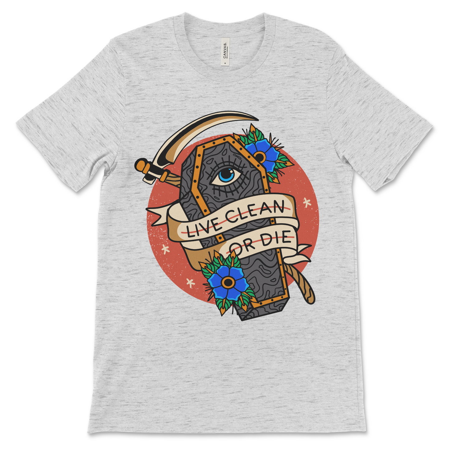 NA shirt featuring Live Clean or Die design, recovery apparel for sober lifestyle and Narcotics Anonymous members