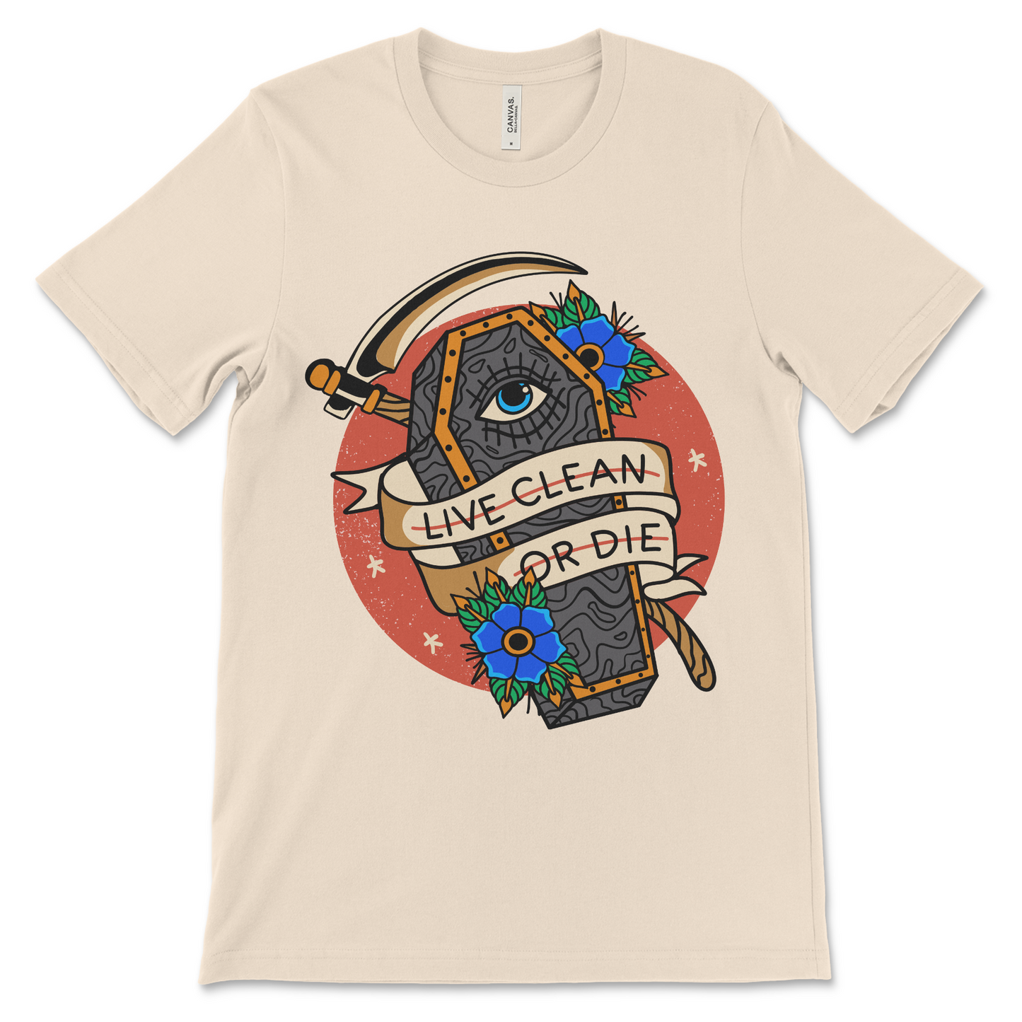 Alcoholics Anonymous shirt with Live Clean or Die slogan, perfect for clean time anniversaries and 12-step programs