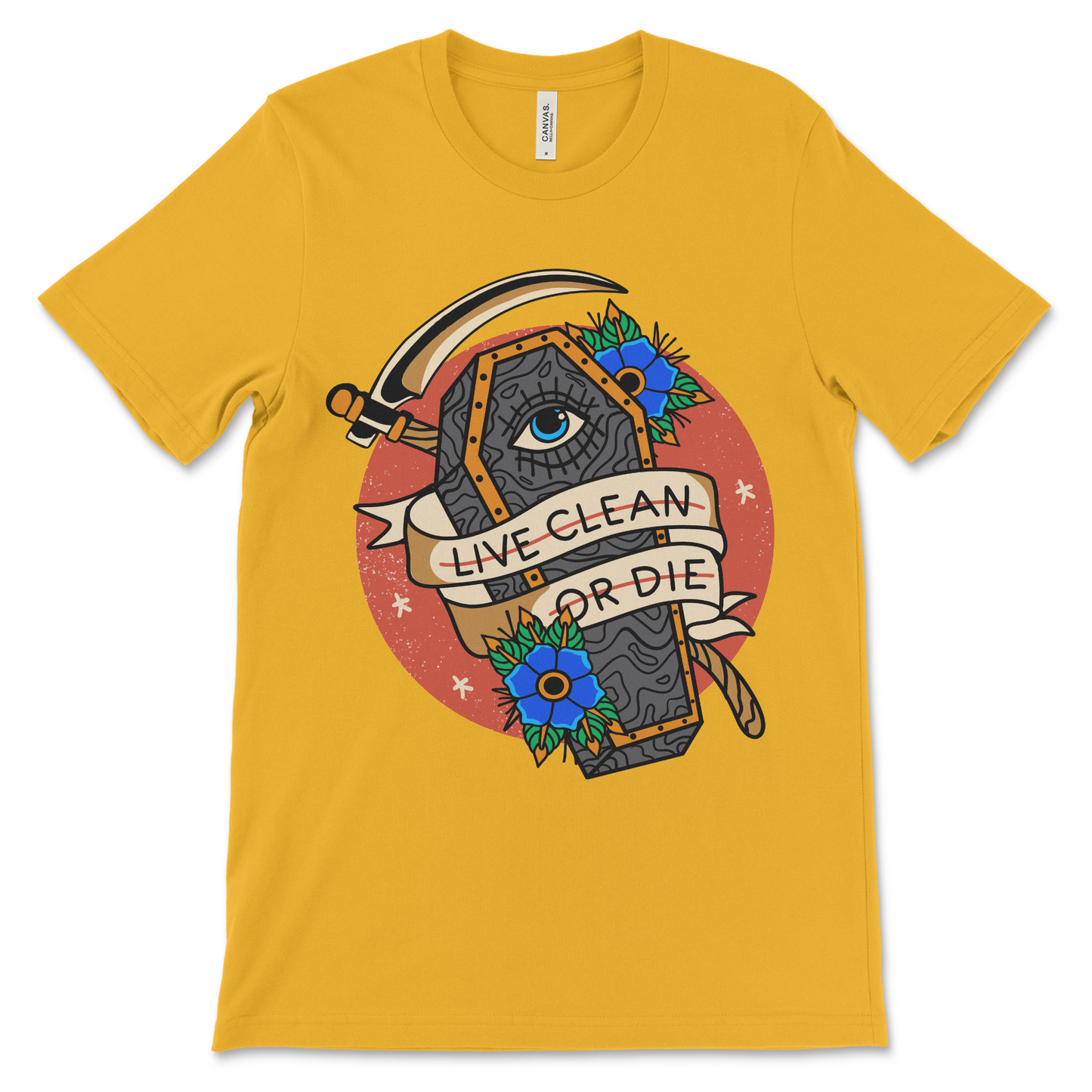 Addiction recovery clothing with Live Clean or Die slogan, AA and NA shirt for sober birthdays.