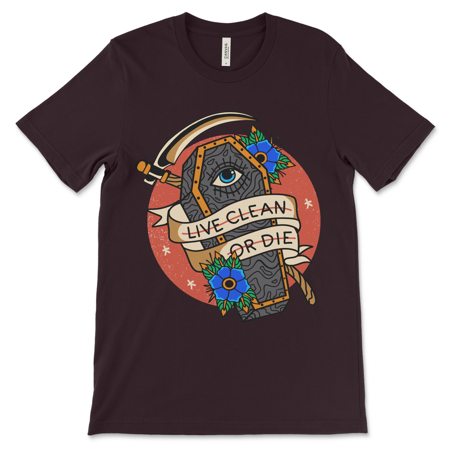 Live Clean or Die sobriety t-shirt, unique AA and NA apparel for recovery anniversaries and sober support