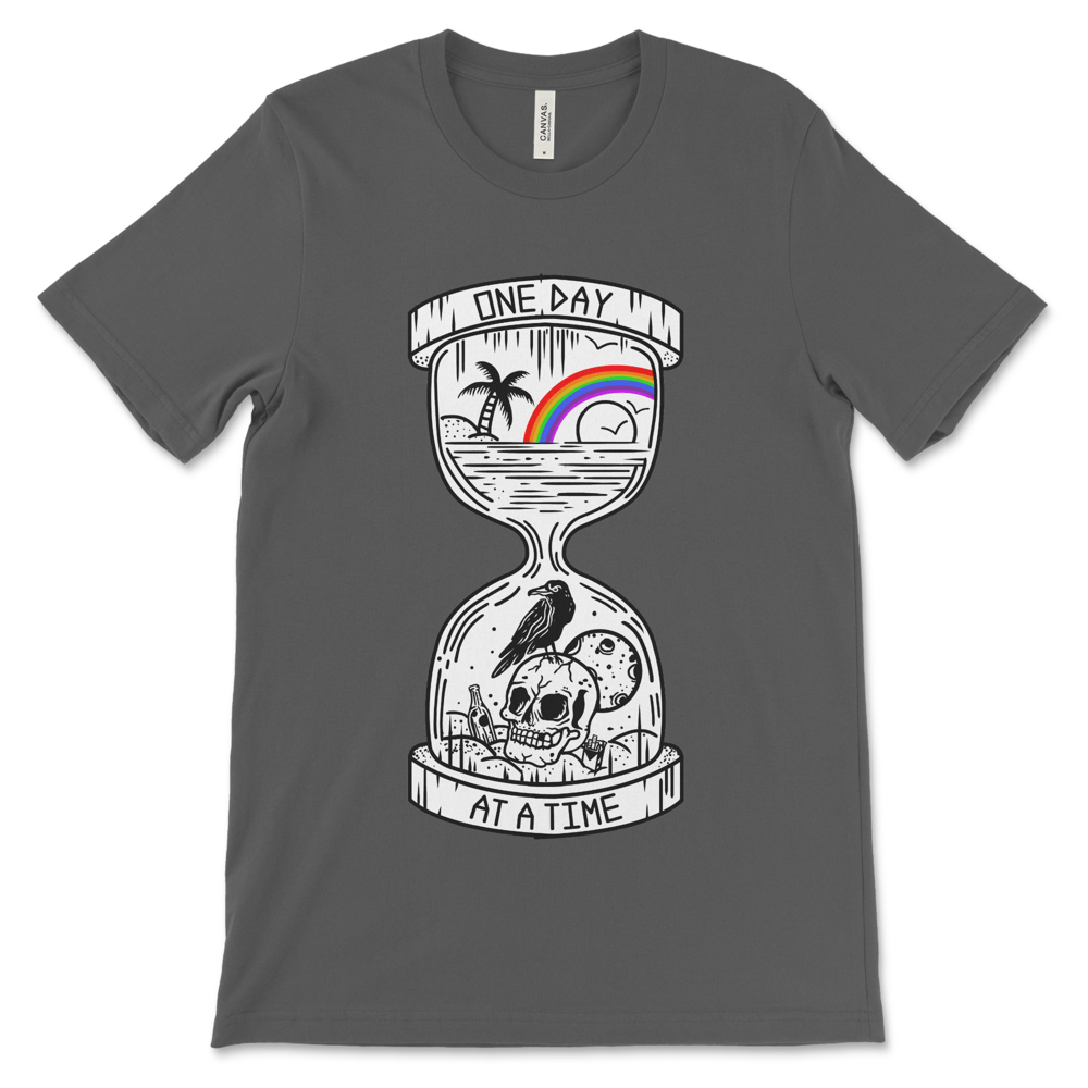 Addiction recovery shirt with One Day at a Time design, meaningful AA apparel for meetings and anniversaries