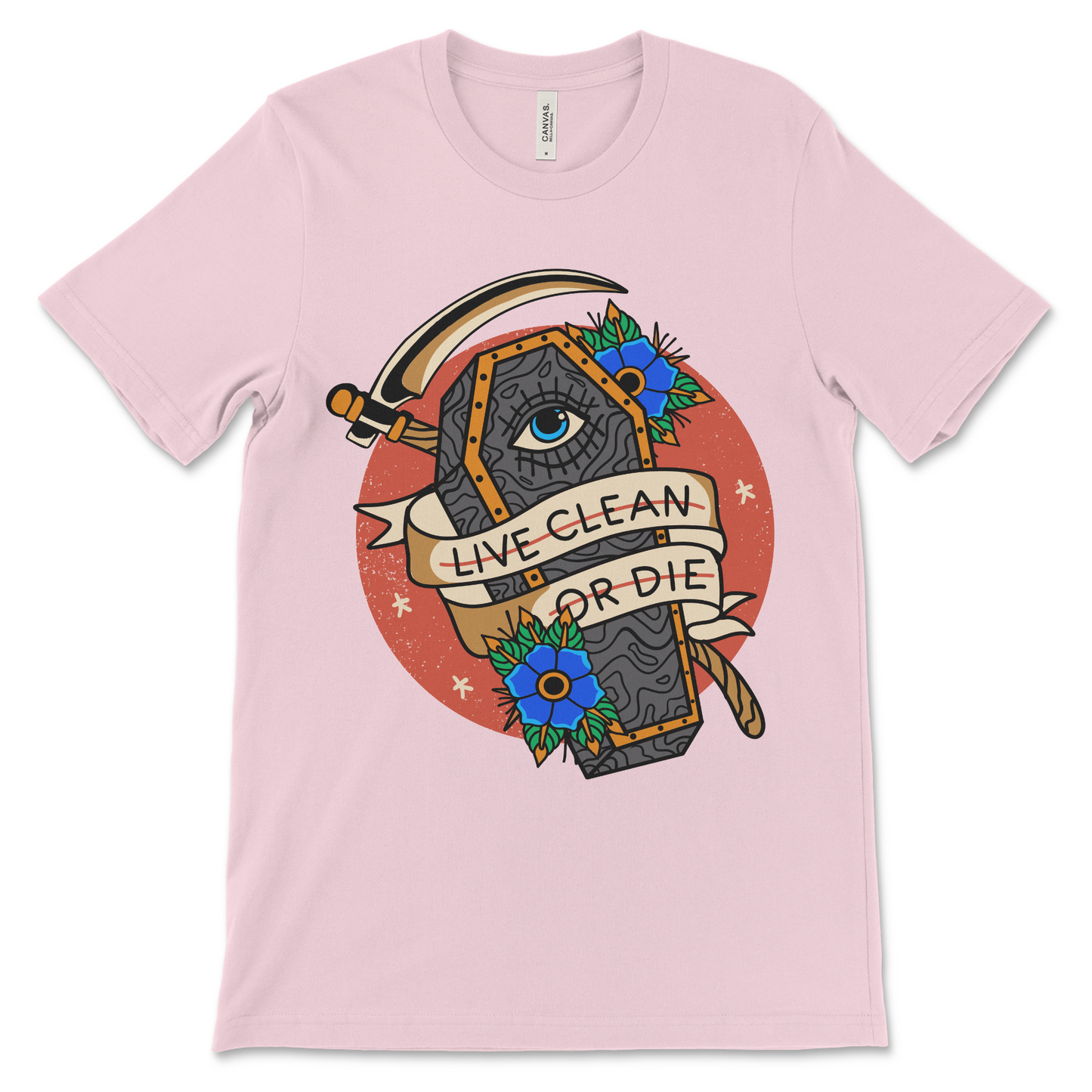 Sobriety shirt with Live Clean or Die message, recovery gift idea for AA, NA, and friends in addiction recovery