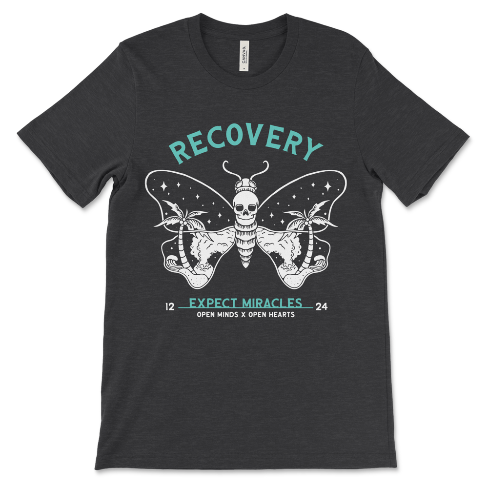 AA and NA recovery shirt with butterfly skull design, sobriety clothing and sober gift.