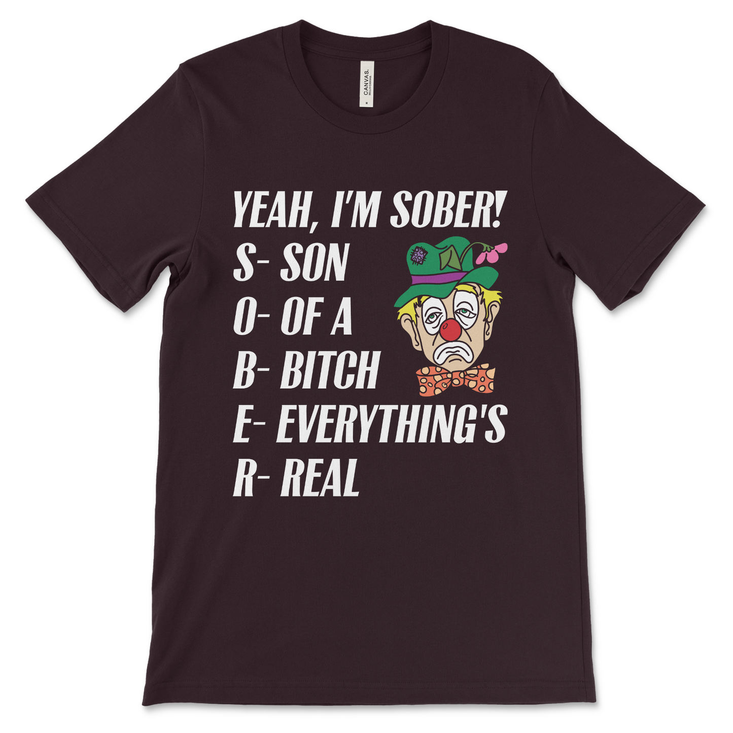 Funny sobriety shirt with Son of a Bitch Everything’s Real slogan, AA and NA recovery apparel