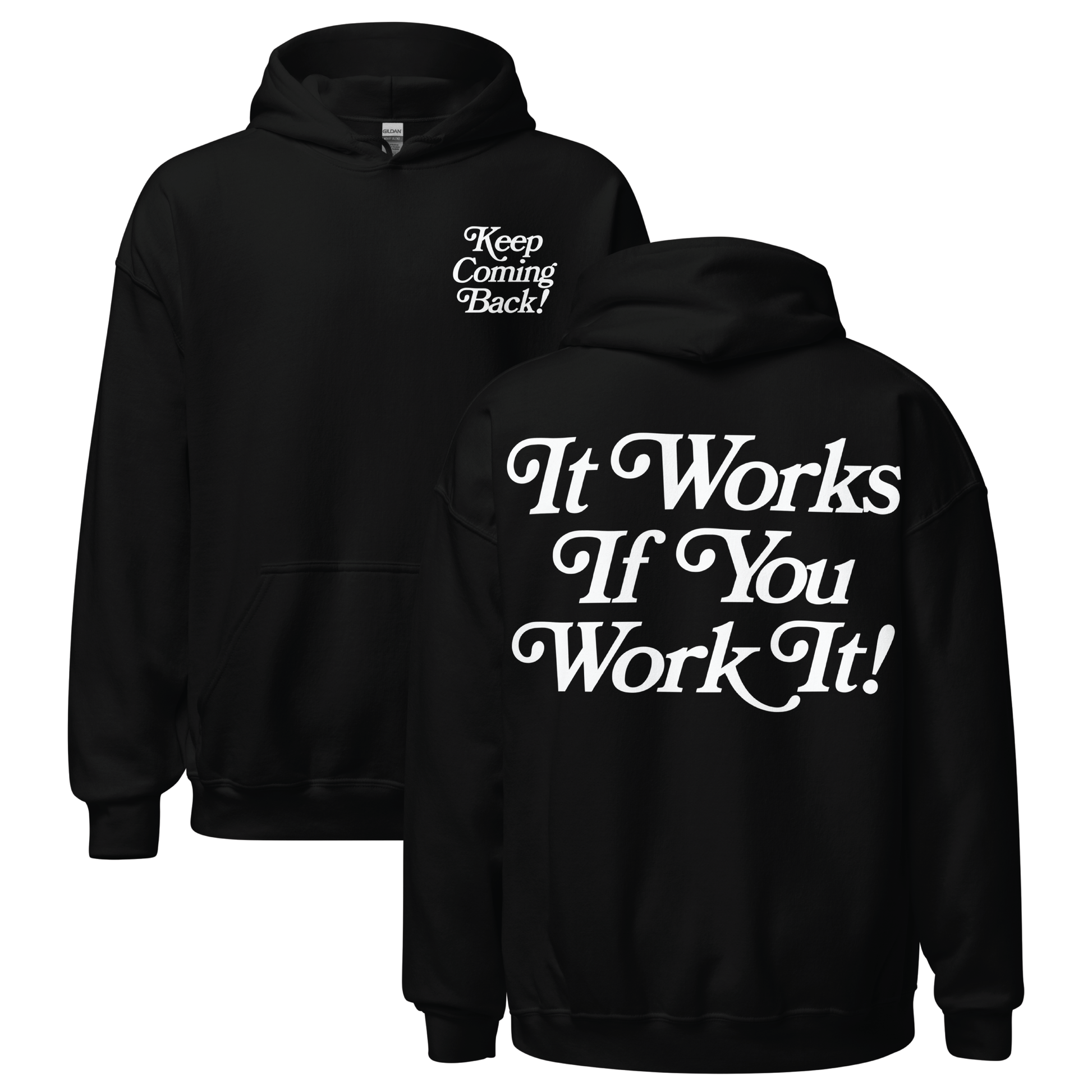 It Works If You Work It Keep Coming Back recovery hoodie, AA and NA clothing with retro lettering
