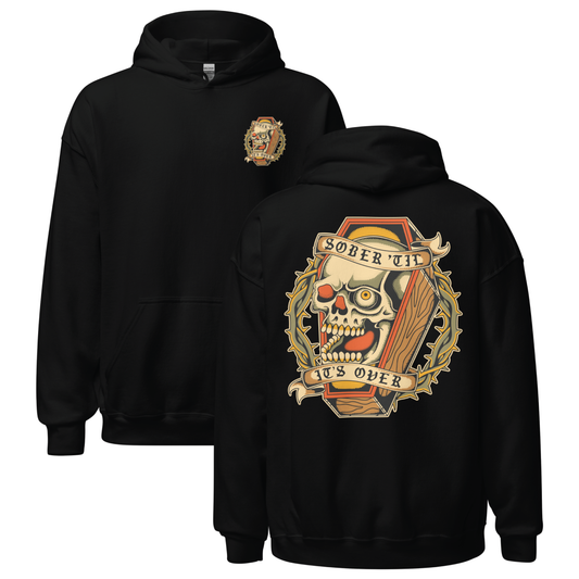 Sober Till It’s Over recovery hoodie with skull tattoo design, AA and NA clothing for 12-step programs
