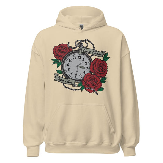 Good Things Take Time recovery hoodie, sobriety hoodie with pocketwatch graphic, motivational recovery clothing for sober lifestyle