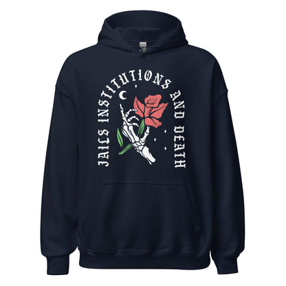 Sobriety sweatshirt featuring Jails Institutions and Death phrase, recovery clothing for addiction programs
