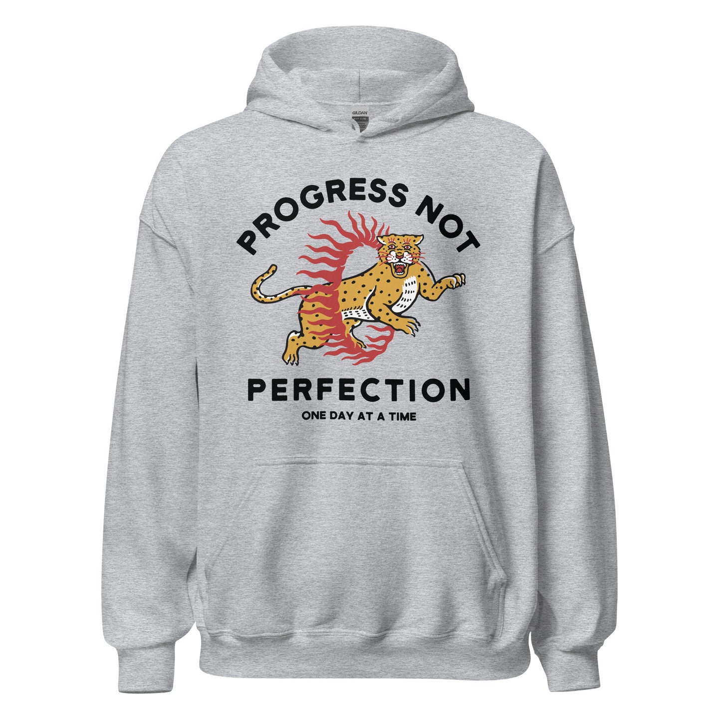 Progress Not Perfection recovery hoodie, AA and NA sobriety sweatshirt with 12-step message
