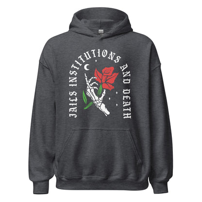 NA recovery hoodie featuring Jails Institutions and Death wording, addiction recovery apparel
