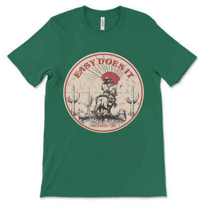 Laid-back Easy Does It recovery tee, unique sobriety shirt for AA meetings, NA meetings, and sober anniversaries
