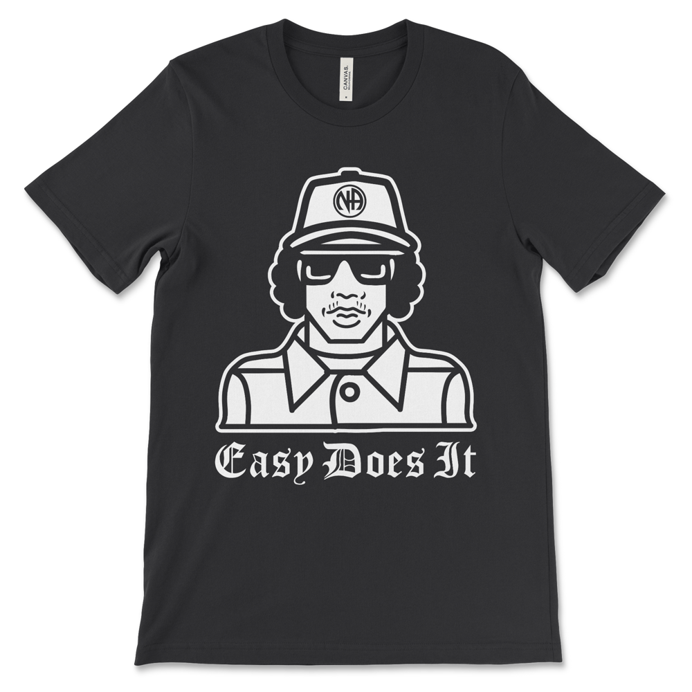 Funny AA shirt with Easy Does It slogan, humorous 12-step recovery tee for meetings and anniversaries
