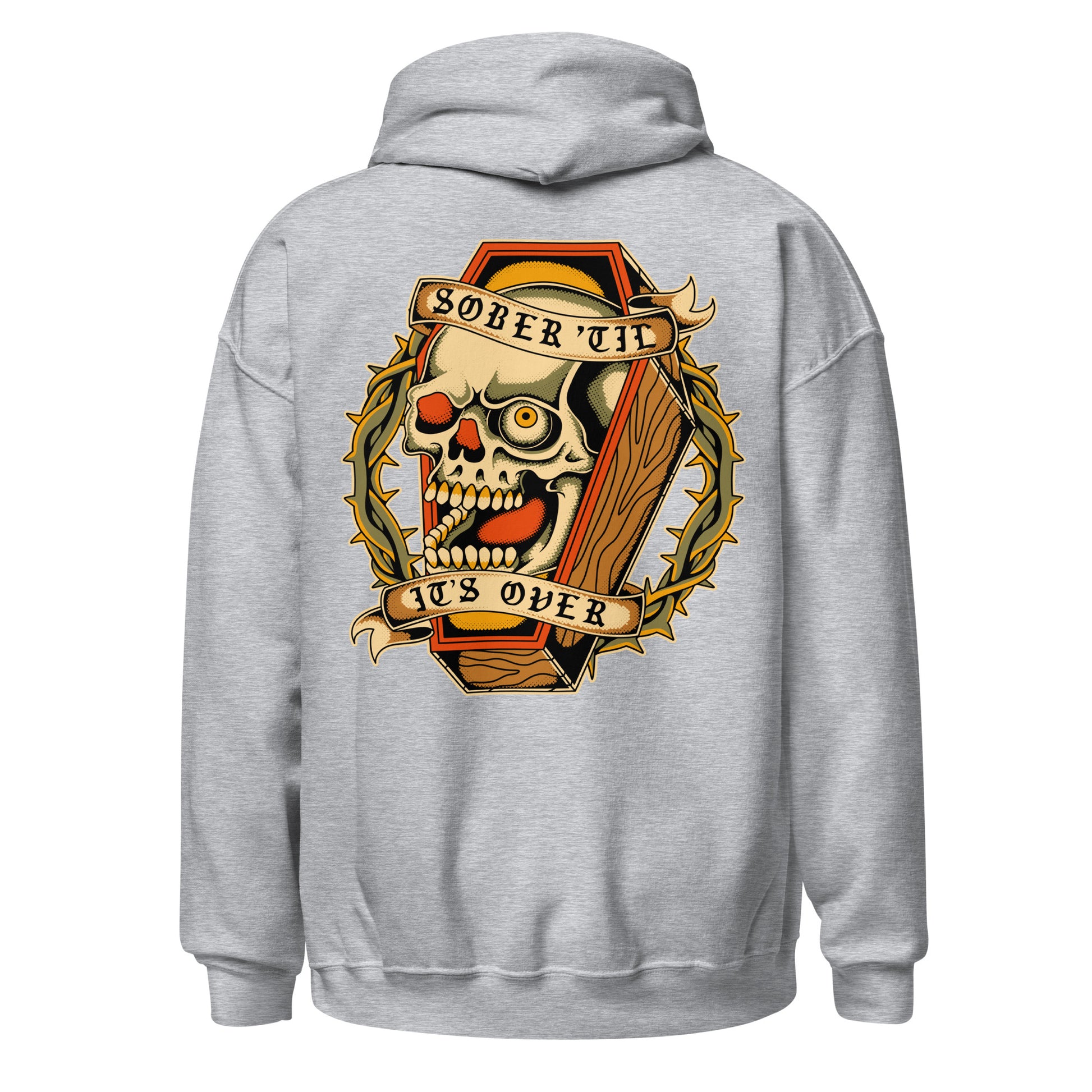 Tattoo flash skull hoodie with Sober Till It’s Over slogan, recovery apparel for AA and NA members
