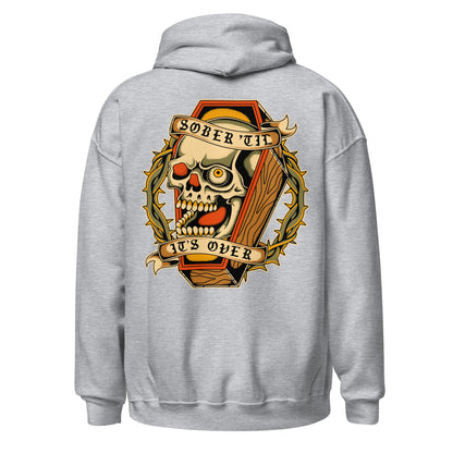 Tattoo flash skull hoodie with Sober Till It’s Over slogan, recovery apparel for AA and NA members

