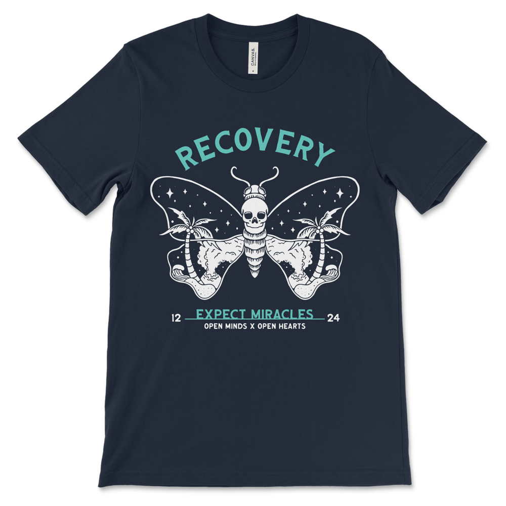 Sobriety shirt featuring Expect Miracles message, AA recovery apparel and NA gift idea.
