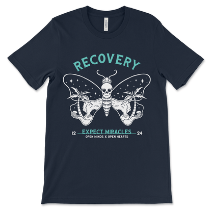 Sobriety shirt featuring Expect Miracles message, AA recovery apparel and NA gift idea.
