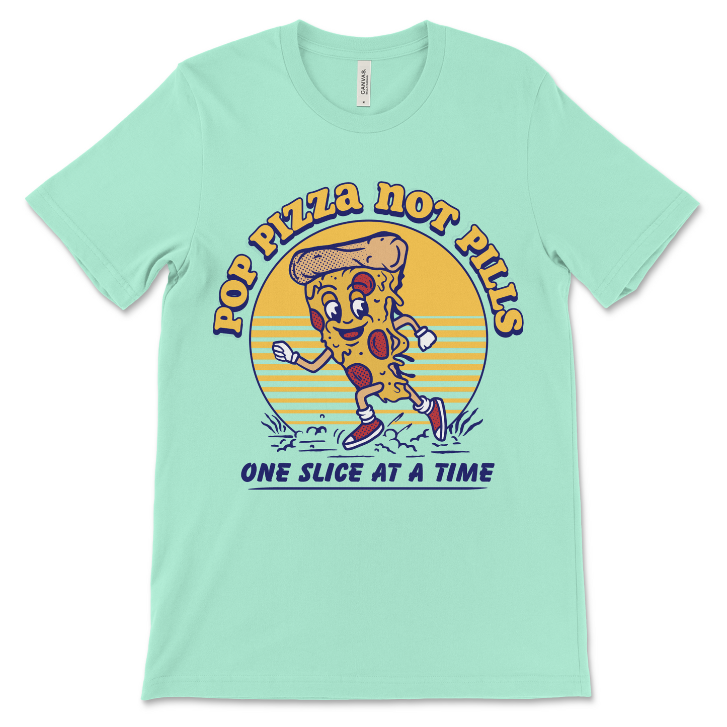 Recovery apparel with a funny slogan, Pop Pizza Not Pills shirt for AA, NA, and anyone living sober
