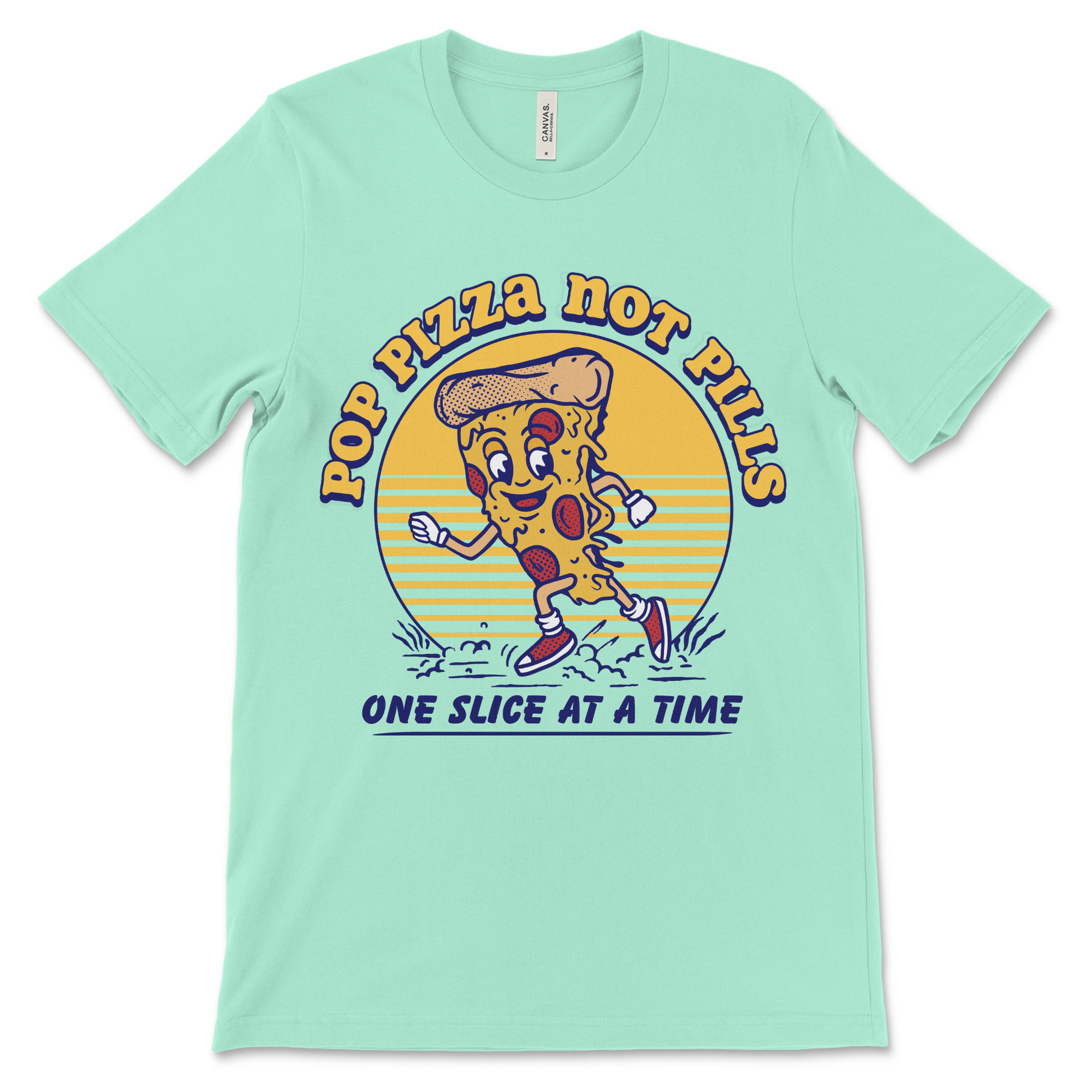 Recovery apparel with a funny slogan, Pop Pizza Not Pills shirt for AA, NA, and anyone living sober
