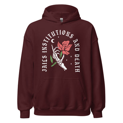 Recovery hoodie with Jails Institutions and Death design, AA and NA apparel for 12-step community
