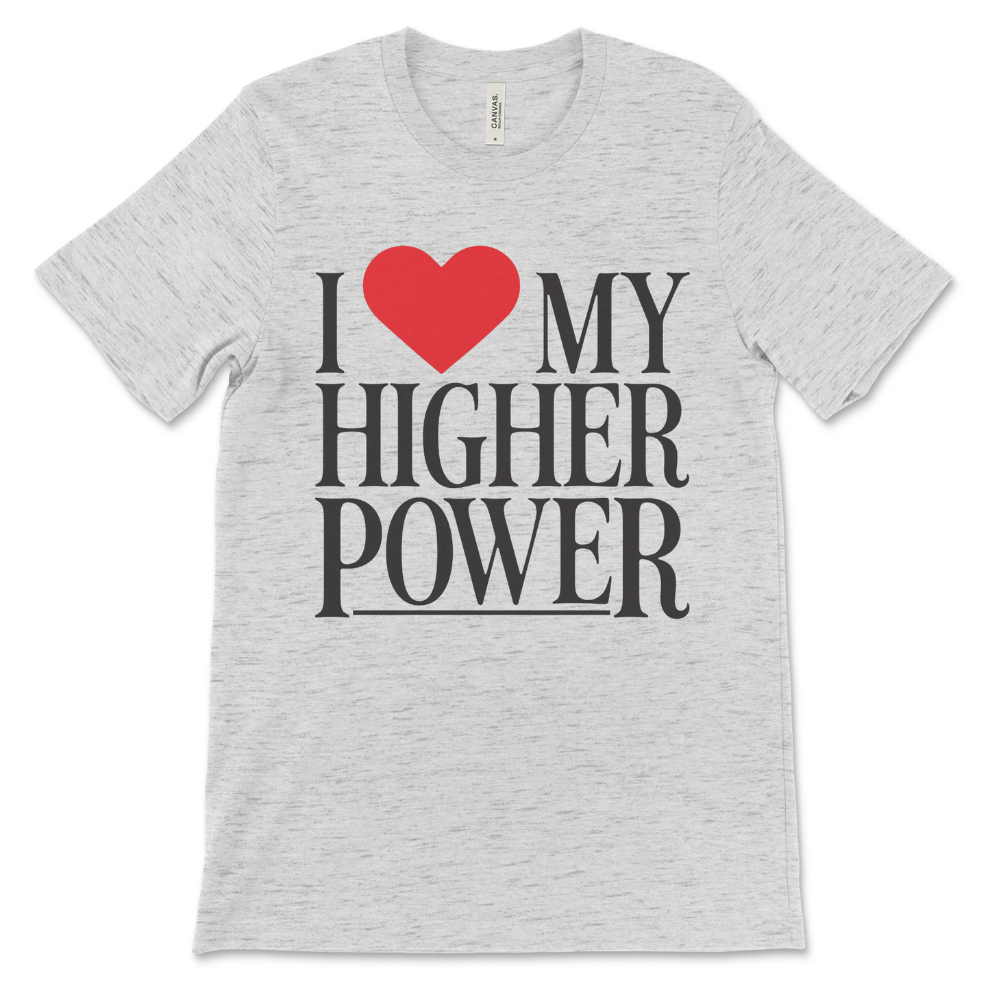 Recovery shirt for AA and NA members, I Love My Higher Power design reflecting faith in the 12-step process
