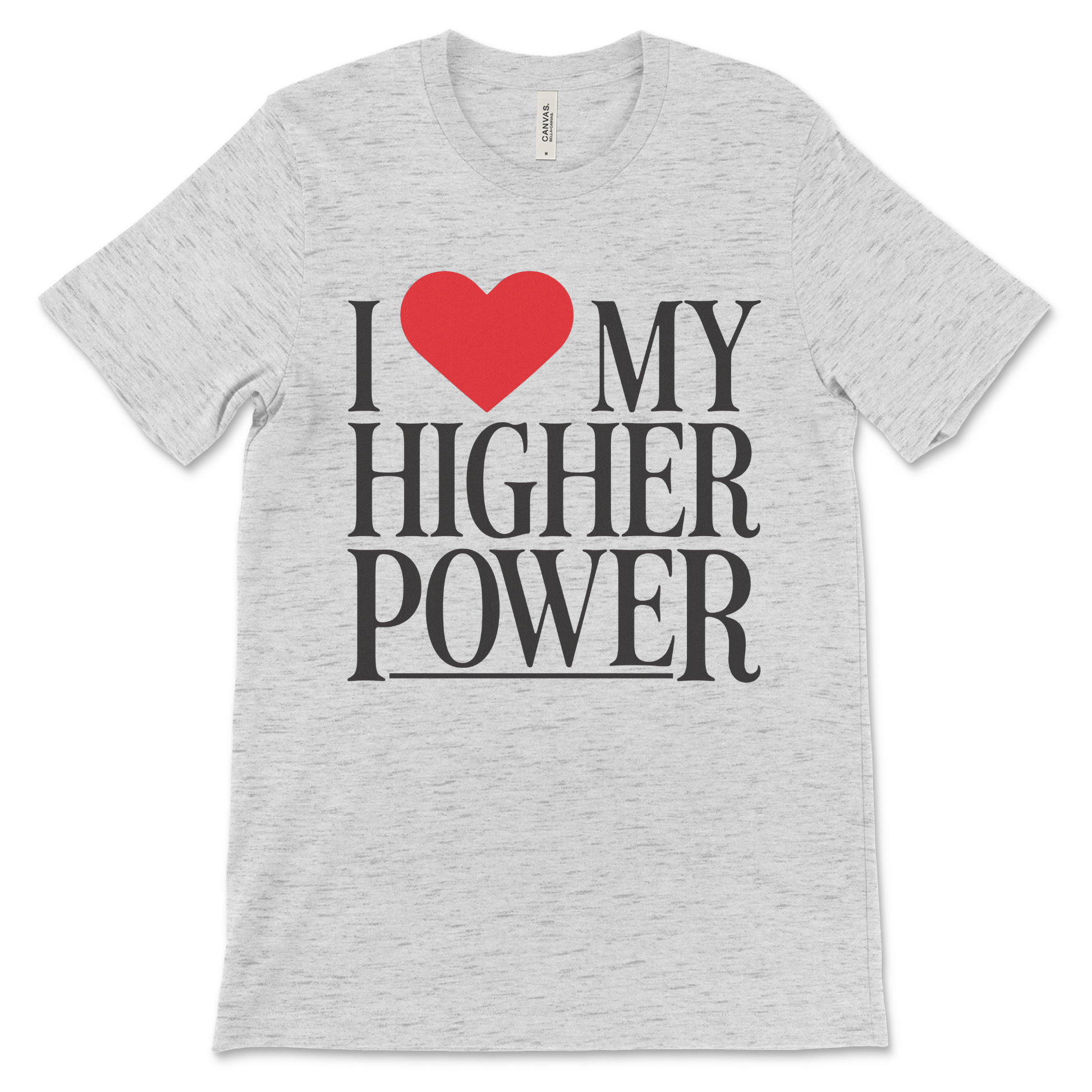 Recovery shirt for AA and NA members, I Love My Higher Power design reflecting faith in the 12-step process

