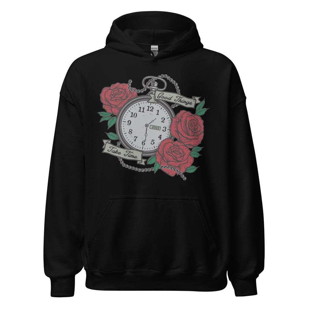 Recovery hoodie with tattoo-inspired pocketwatch, sobriety hoodie for sober gift, Good Things Take Time recovery clothing
