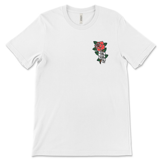 Just for Today sobriety shirt with tattoo rose design, AA recovery clothing and NA apparel.
