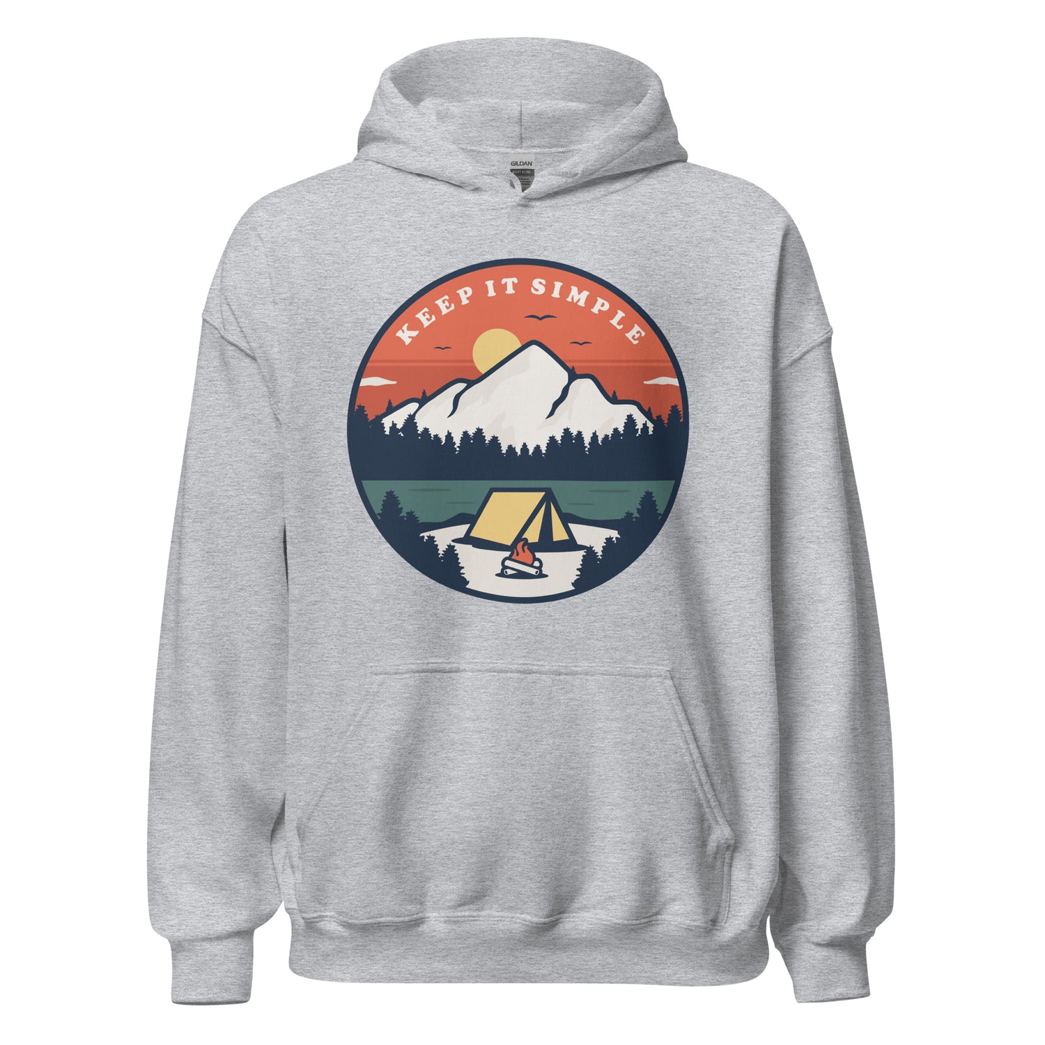 Keep It Simple sobriety hoodie with mountain artwork, AA recovery clothing and NA apparel.
