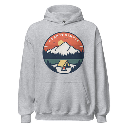 Keep It Simple sobriety hoodie with mountain artwork, AA recovery clothing and NA apparel.
