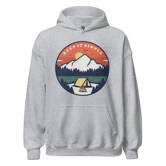 Keep It Simple sobriety hoodie with mountain artwork, AA recovery clothing and NA apparel.
