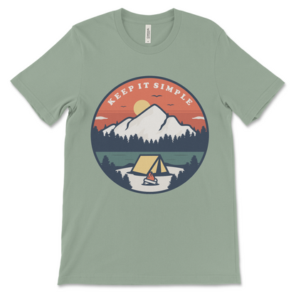 Keep It Simple recovery shirt with mountain and tent graphic, AA shirt and NA shirt for 12-step meetings