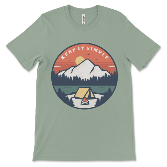 Keep It Simple recovery shirt with mountain and tent graphic, AA shirt and NA shirt for 12-step meetings