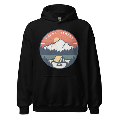 keep it simple hoodie with a tent and mountain design. perfect as a recovery gift or soberversary gift.