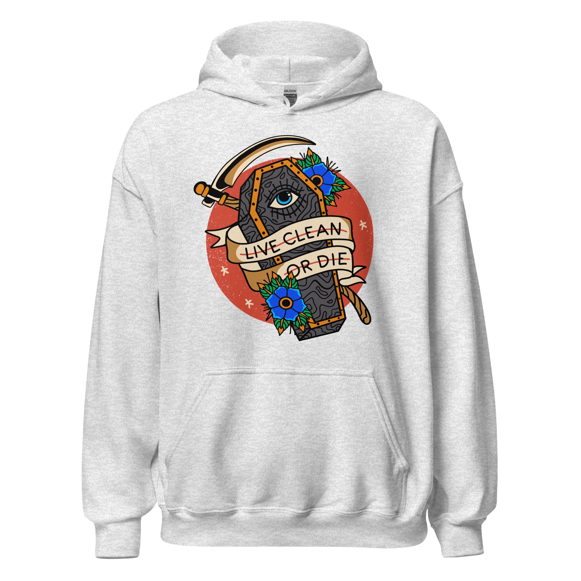 AA hoodie with Live Clean or Die design, recovery apparel for meetings and anniversaries
