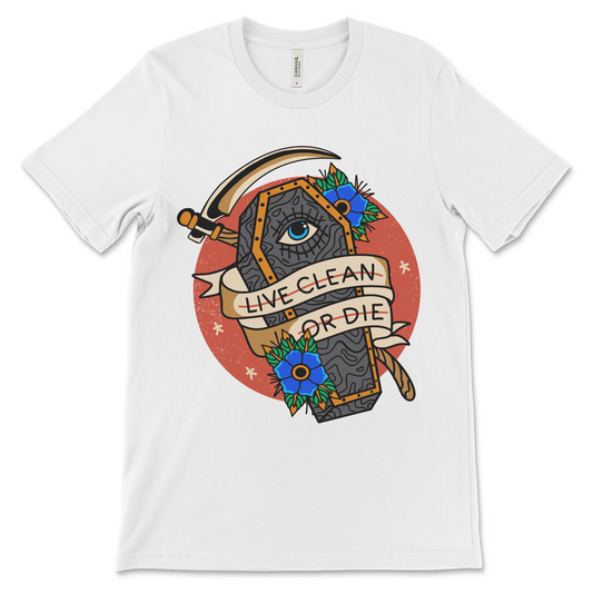 Live Clean or Die recovery shirt, sobriety clothing for AA meetings, NA meetings, and addiction recovery support
