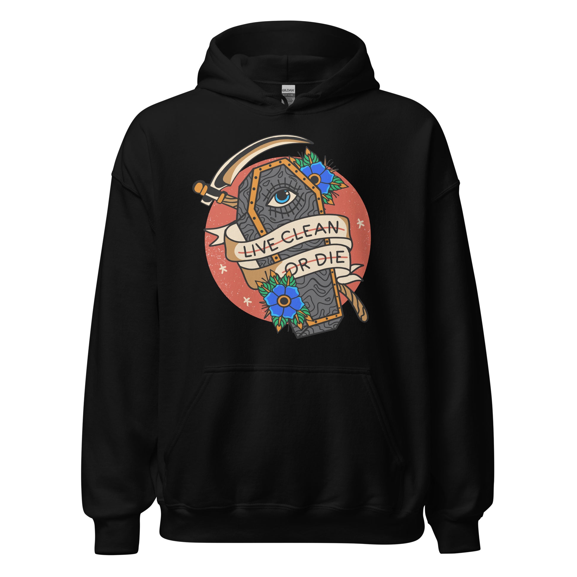 NA hoodie with Live Clean or Die phrase, recovery sweatshirt for 12-step fellowship members
