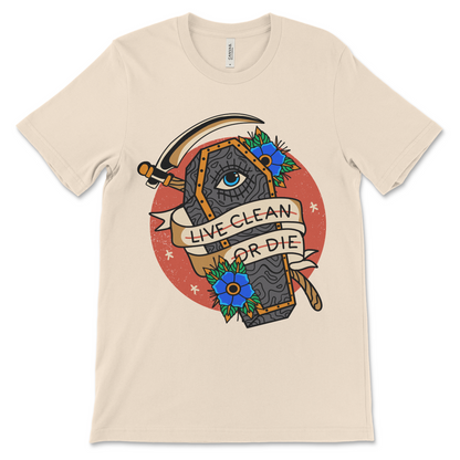 Alcoholics Anonymous shirt with Live Clean or Die slogan, perfect for clean time anniversaries and 12-step programs
