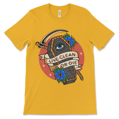 Addiction recovery clothing with Live Clean or Die slogan, AA and NA shirt for sober birthdays.
