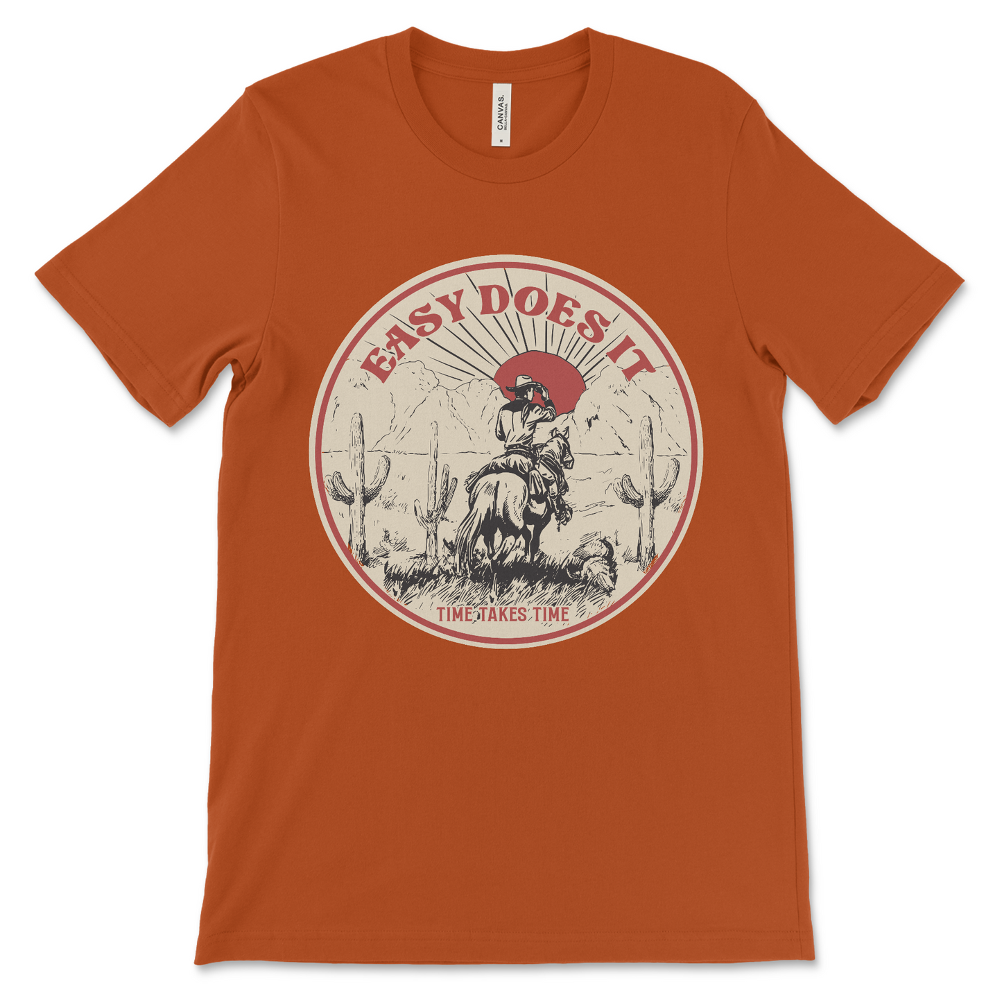 Western-inspired Easy Does It sobriety shirt, recovery apparel for 12-step programs and sober slogan lovers.
