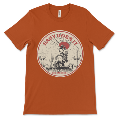 Western-inspired Easy Does It sobriety shirt, recovery apparel for 12-step programs and sober slogan lovers.
