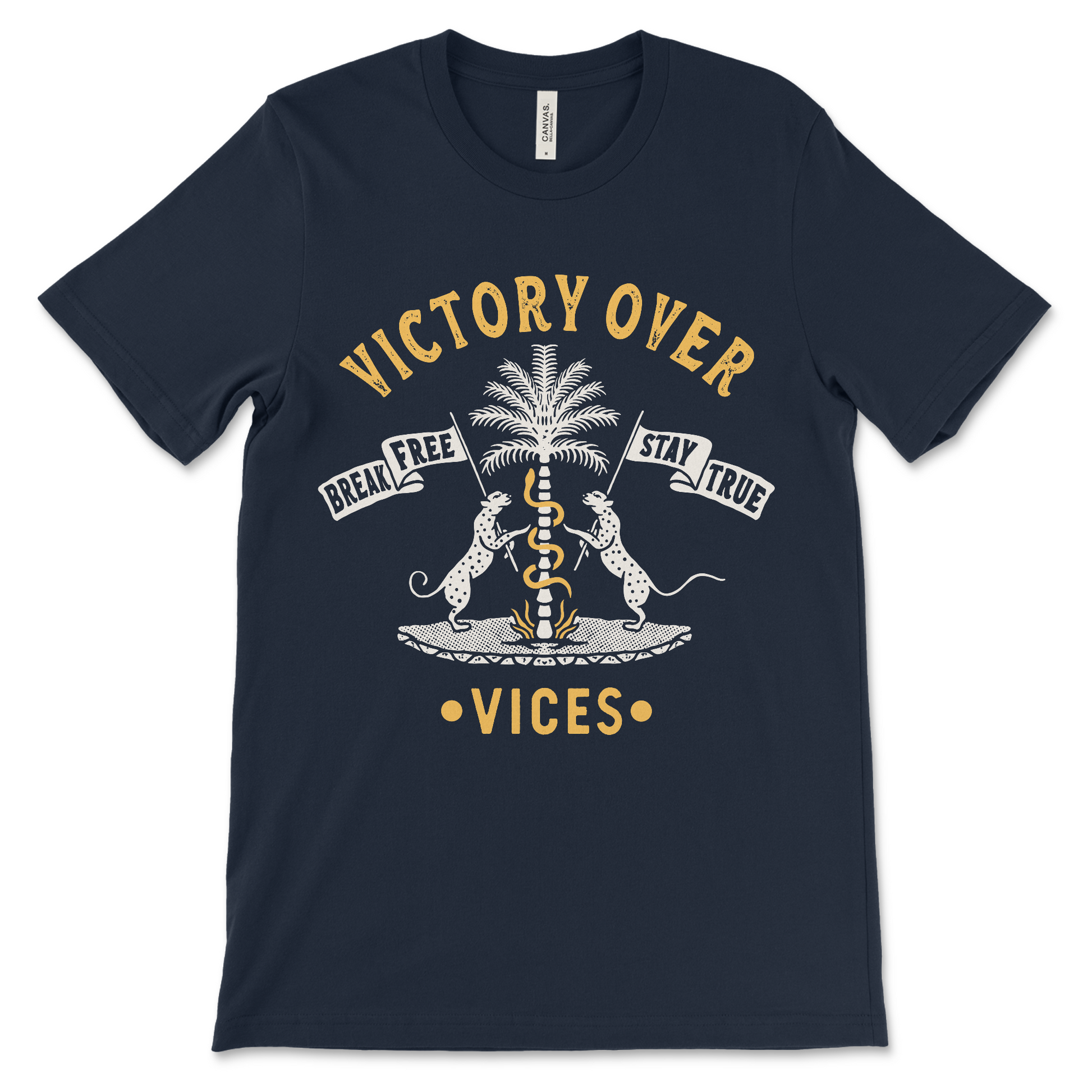 Addiction recovery shirt featuring Victory Over Vices design, AA and NA clothing for meetings
