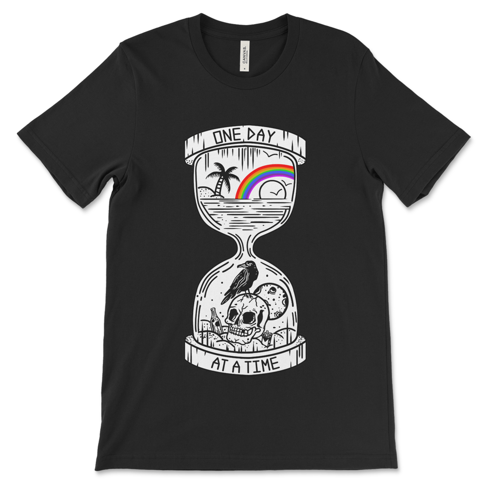 One Day at a Time recovery shirt, AA shirt and NA shirt with classic 12-step sobriety message
