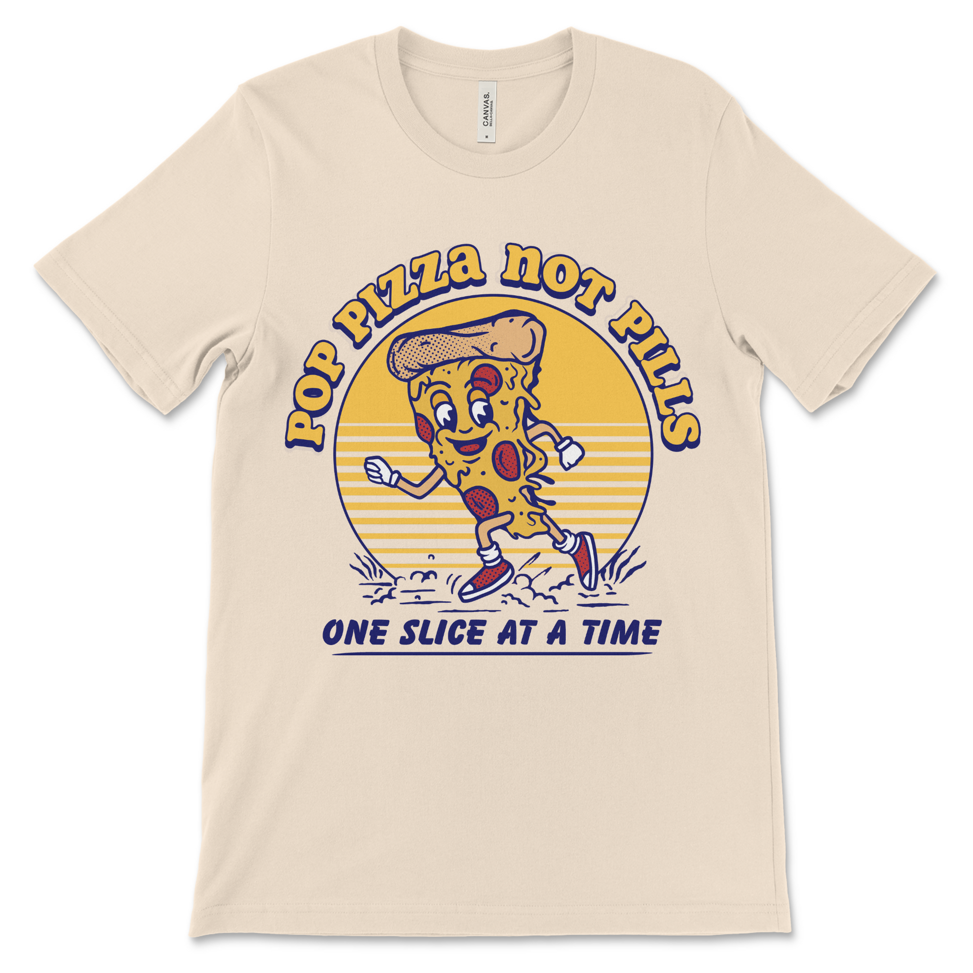 NA shirt featuring Pop Pizza Not Pills design, funny sobriety tee for Narcotics Anonymous members in recovery
