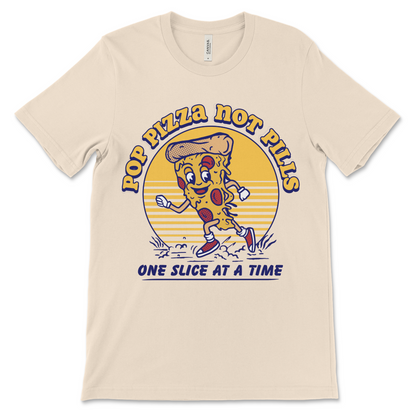 NA shirt featuring Pop Pizza Not Pills design, funny sobriety tee for Narcotics Anonymous members in recovery
