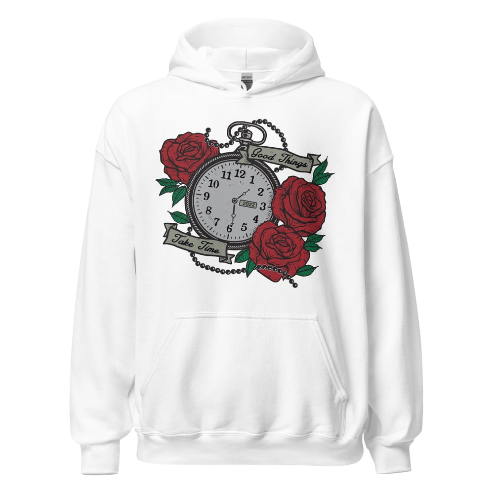 Sobriety hoodie for men and women, tattoo-inspired recovery clothing, Good Things Take Time pocketwatch sobriety sweatshirt