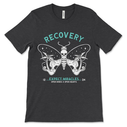 AA and NA recovery shirt with butterfly skull design, sobriety clothing and sober gift.
