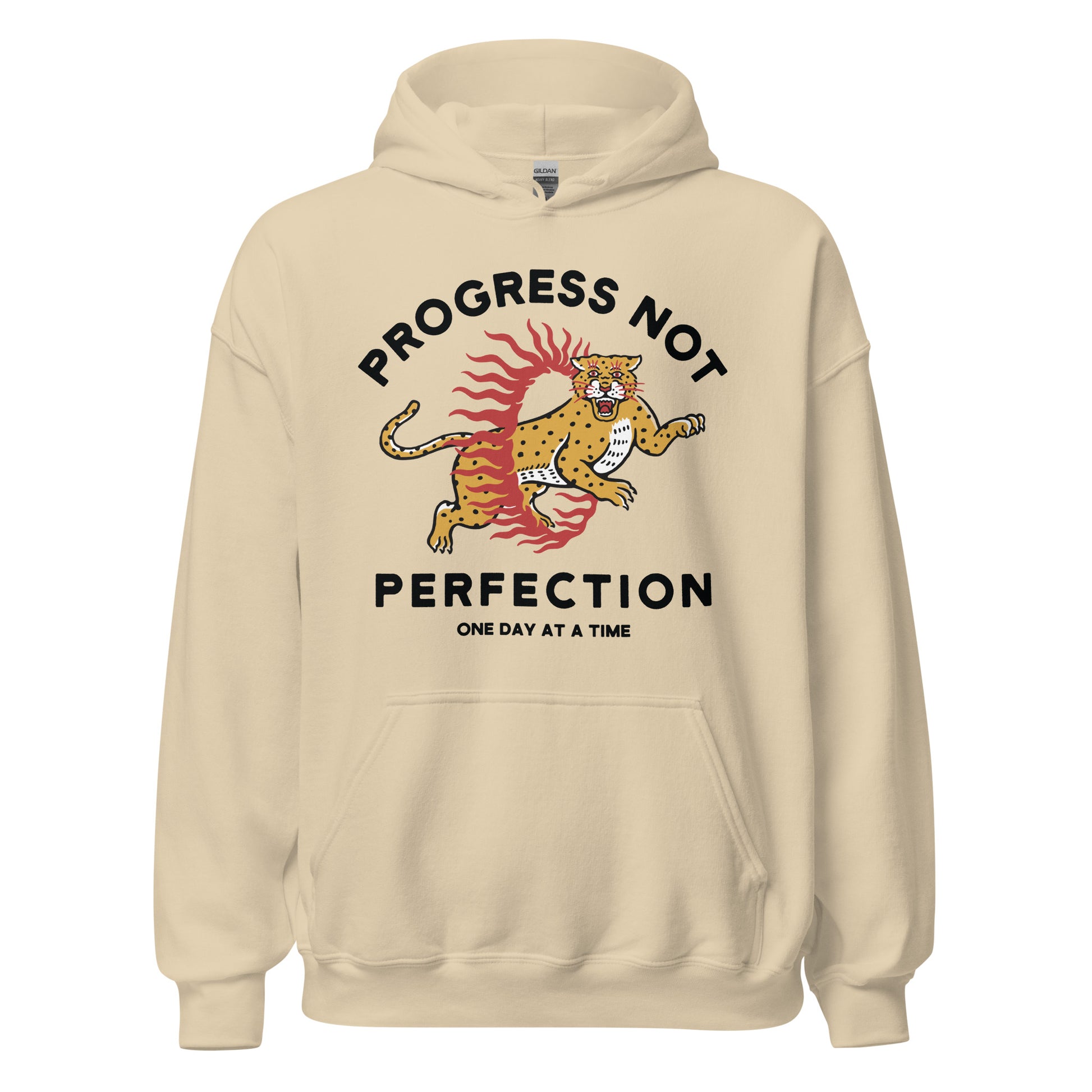 AA hoodie with Progress Not Perfection message, recovery clothing for sober lifestyle
