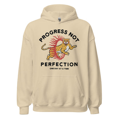 AA hoodie with Progress Not Perfection message, recovery clothing for sober lifestyle
